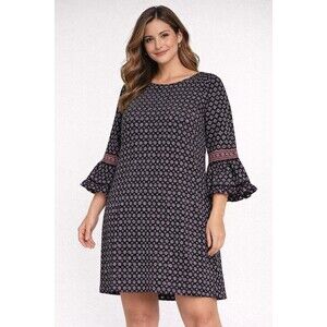 Max Edition XL  Geometric Print Tunic Dress Ruffle Bell Sleeve Boho peasant.